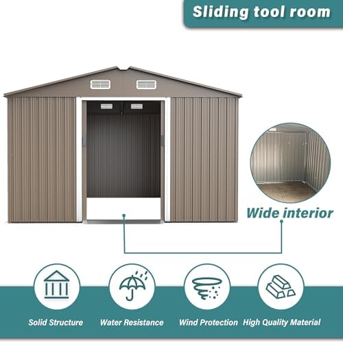 Gotland 10FT x 8FT Metal Storage Shed, Outdoor Storage Shed with Lockable Slide Doors & 2 Windows, Utility and Tool Shed with Slooping Roof for Garden, Backyard, Patio, Lawn