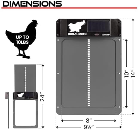 RUN-CHICKEN Door (Gray) Solar Chicken Coop Door, Battery Powered Automatic Chicken Coop Door, Programmable Electric Chicken Door with Timer, Light Sensor, Solar Powered, Eternal