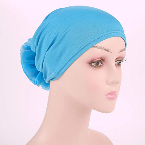 Muslim Women Flower Elastic Turban Beanie Head Scarf wrap Chemo Cap hat for Cancer Patient (Blue)