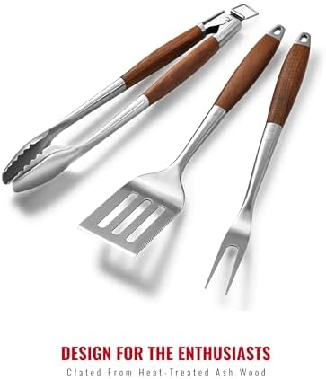 Heavy-Duty Heat-Treated Ash Wood BBQ Grilling Tools Set | Extra-Thick Stainless Steel Spatula, Fork & Tongs | Essential Barbecue Accessories, for Grill Enthusiasts