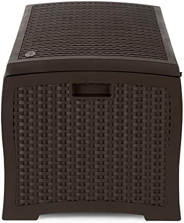 Suncast 73-Gallon Medium Deck Box - Lightweight Resin Indoor/Outdoor Storage Container and Seat for Patio Cushions and Gardening Tools - Store Items on Garage, Yard - Mocha Brown