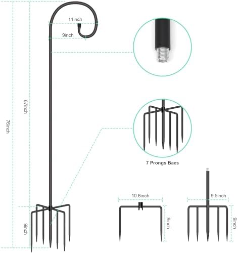 SZHLUX Adjustable Shepherds Hook for Outdoor 76 Inch Bird Feeder Pole with 7 Prongs Base, 5/8 Inch Thick Heavy Duty for Hanging Bird Feeder, Plant Basket