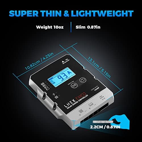 Solar Charge Controller Waterproof, 10A Super Thin Panel Battery Intelligent Regulator With LCD Display 12V/24V PWM Controller for LiFePO4, AGM, Gel, Flooded and Lithium Battery