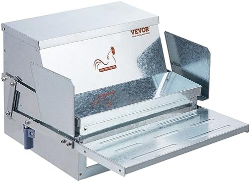 VEVOR Poultry Feeder, 25lbs Capacity, Feed Chicken Feeder with Lid & Lock, Outdoor Coop Food Dispenser, No Waste, Weatherproof Galvanized Metal Feeder for Ducks, Geese