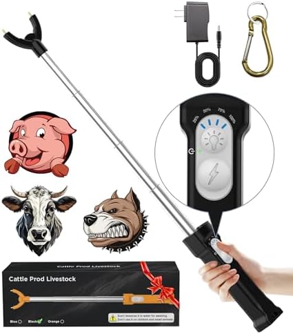 Cattle Prod Rechargeable with Led Light, Waterproof Cattle Prod for Dogs, Retractable Cattle Prod Self Defense, Lightweight Dog Cattle Prod Livestock, Cow Prod, Electric Cattle Prod, 37 Inch, Black