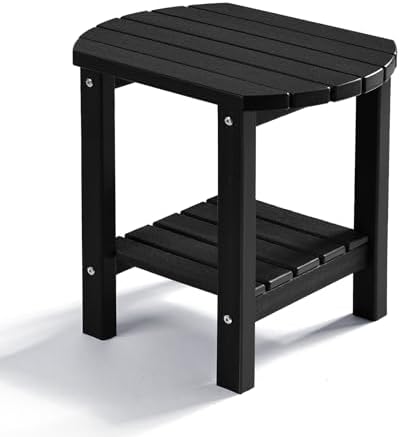 PASAMIC Outdoor Side Table, HDPE Adirondack Oval Side Table with 2-Tier Storage, Weather Resistant Outdoor End Table for Patio, Backyard, Pool, Indoor Companion, Beach, Easy Maintenance Table (Black)