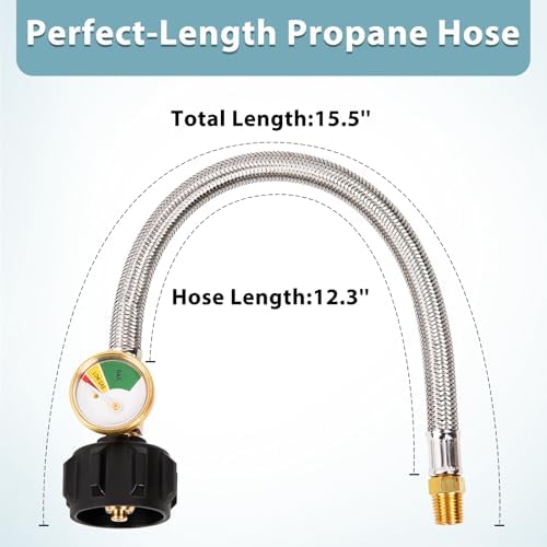 SHINESTAR RV Propane Hose with Gauge for Camper, 12 Inch Braided Propane Pigtail for Dual Stage Regulator, 1/4 Inch Male NPT x QCC1, 2 Pack