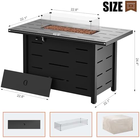 Walsunny 43 inch Outdoor Propane Fire Pit 50,000 BTU Gas Fire Pit Table with Lid, Waterproof Cover, Rectangle Gas Firepit Table for Garden/Patio, CSA Certification