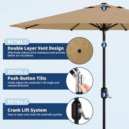 10Ft Patio Umbrella - 8 Sturdy Ribs Outdoor Table Umbrella with Crank Lift & Push Button Tilt - Market Umbrella for Pool, Deck, Yard, Garden - Tan