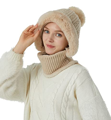 HUAMULAN Women Winter Knit Balaclava One Piece Skull Beanie Hat Neck Circle Scarf Set Ski Snow Slouchy Earmuff Pompom Hats