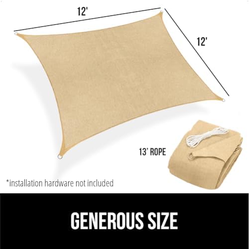 GORILLA GRIP Heavy Duty Sun Shade, UV Protection Fade Tear and Rust Resistant Rectangle Sunshade Canopy, Curved Edges Blocks Sunlight, Breathable Sail, Outdoor Patio, Lawn Garden 12x12 FT Sand