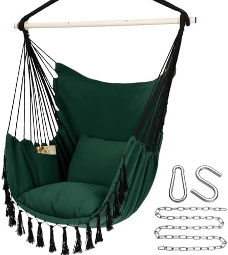 Y- STOP Hammock Chair Hanging Rope Swing, Max 500 Lbs, 2 Cushions Included, Large Macrame Hanging Chair with Pocket for Superior Comfort, with Hardware Kit, Green