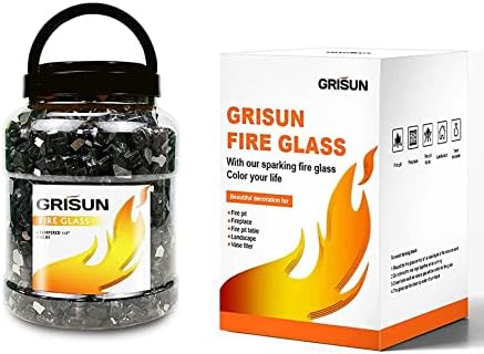 GRISUN Onyx Black Fire Glass for Fire Pit, 1/2 Inch High Luster Reflective Tempered Glass Rocks for Natural or Propane Fireplace, Safe for Outdoors and Indoors Firepit Glass, 10 Pounds