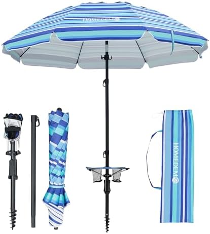 HOMEDEMO 7ft Beach Umbrellas For Sand Heavy Duty Wind, Portable Beach Umbrella UPF 50+ Windproof Outdoor Beach Umbrella with Sand Anchor, Tilt Pole, Carry Bag, Table Tray, Vent and Hook