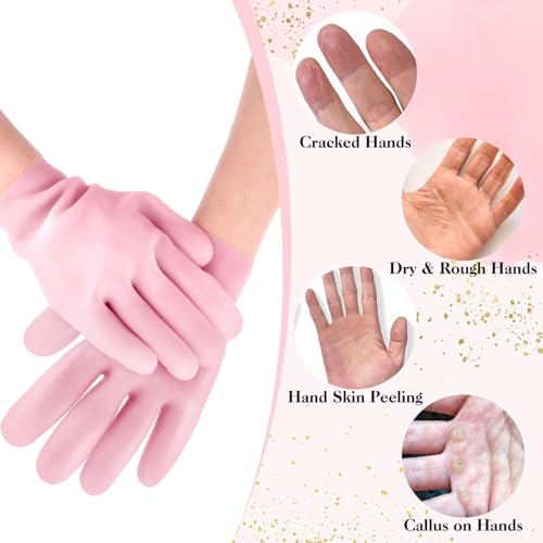 Gjinxi 2 Pairs Silicone Gloves for Dry Cracked Hands - Moisturizing Hand Care Spa Gel Gloves for Women After Pedicure - Pink & White