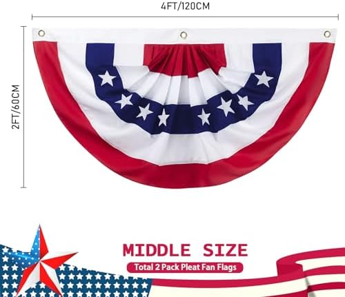 2 x 4 Ft American Pleated Fan Flag, USA Patriotic Half Fan Bunting Flag, Decoration Flags (red-2pcs)