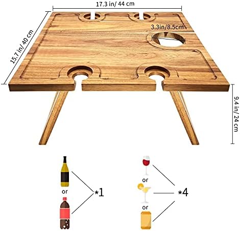 Portable Wine Picnic Table, Acacia Wood, Larger Tray Foldable, Charcuterie Board, Wine Gift, Decoration for Romantic Camping, Engagement Party, Concerts at Park, Glamping, Wood Color