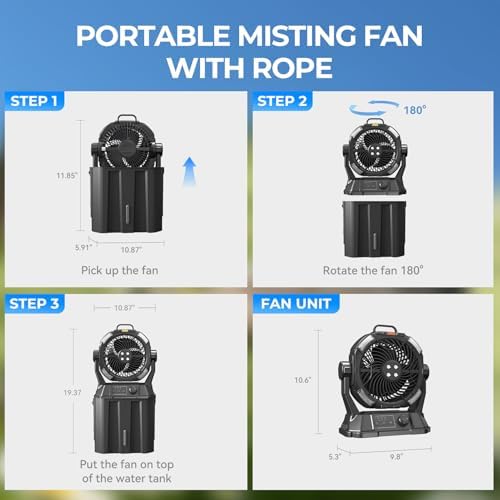 20000mAh Misting Fan with 6L Bucket & 4 Spray Misters, Waterproof Outdoor Cooling Fan for Camping/Patios - Remote Control, 4 LED Light, Stepless Speed & 56H Runtime, Rechargeable Battery, Hanging Hook