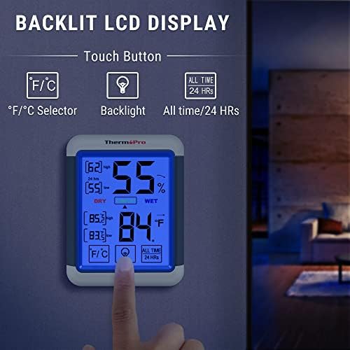 ThermoPro TP55 Digital Indoor Hygrometer Thermometer, 4-Inch Temperature / Humidity Monitor with Touchscreen and Backlit, Indoor Room Thermometer / Humidity Meter for House Home Greenhouse