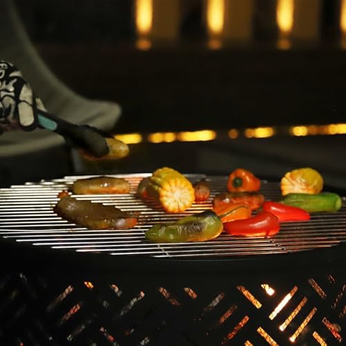 26" Wood Burning Fire Pits with Grill & Lid, Fire Pit Table for Outside with Waterproof Cover & Fire Poker, Outdoor Firepit with Functions for BBQ,Table and Bonfire