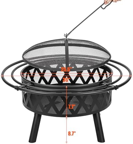 36 Inch Wood Burning Fire Pit with 2 Loops, Outdoor Fire Pit with Spark Screen & Fire Poker, Cross Weave Firepit for Outside Fireplace Bonfire for Yard,Patio, Garden