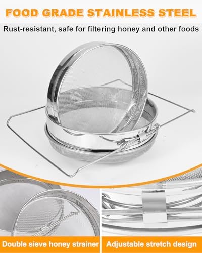 Stainless Steel Honey Strainer, Double Sieve Honey Filter, Honey Filters for 5 Gallon Bucket, Honey Fine Mesh Strainer, Honey Extractor Sieve Equipment for Clean Honey with Honey Harvesting Equipment