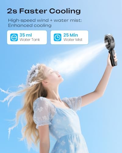 Otlonpe Handheld Misting Fan Portable, Powerful 4 High Speeds Rechargeable Small Hand Held Fan Water Mist, 4000mAh Battery Operated, Foldable, Lanyard, Personal Cooling for Travel Men Women (Black)
