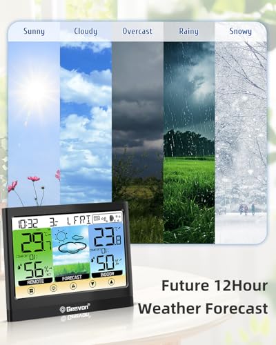 Geevon Weather Stations Wireless Indoor Outdoor Thermometer Hygrometer with Dew Point, Heat Index, Touch LCD Display Digital Weather Thermometer with Alarm Clock and Adjustable Backlight