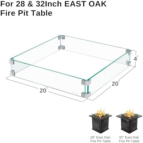 EAST OAK Glass Wind Guard for 28''&32'' Propane Fire Pit Table, Clear Tempered Wind Guard for Gas Firepit, Thick Rectangle Glass Shield with Aluminum Corner Bracket & Rubber Feet,20 x 20 x 4 inch
