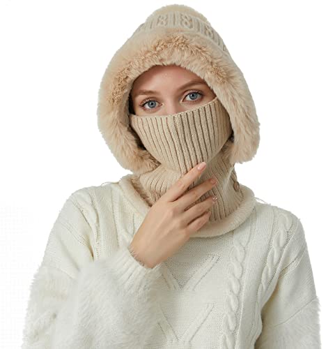 HUAMULAN Women Winter Knit Balaclava One Piece Skull Beanie Hat Neck Circle Scarf Set Ski Snow Slouchy Earmuff Pompom Hats