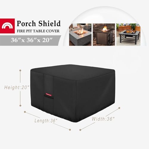 Porch Shield Fire Pit Cover - Waterproof 600D Heavy Duty Fade Resistant Square Patio Fire Pit Table Cover Black - 36 x 36 inch