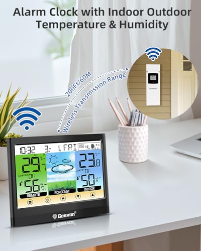 Geevon Weather Stations Wireless Indoor Outdoor Thermometer Hygrometer with Dew Point, Heat Index, Touch LCD Display Digital Weather Thermometer with Alarm Clock and Adjustable Backlight