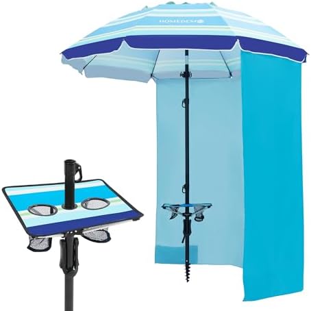 HOMEDEMO Heavy Duty High Wind Beach Umbrella with Sand Anchor,Built-in Table Tray & Tilt Pole&Hook& Curtain, UPF 50+ Windproof Portable Beach Umbrella for Patio Garden Pool Backyard
