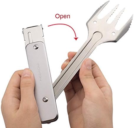 ROXON 4 in 1 Mini Folding BBQ Barbecue Combo Tool Set with Spatula, Fork, Tongs and Bottle Opener for Hiking Camping (Grey)