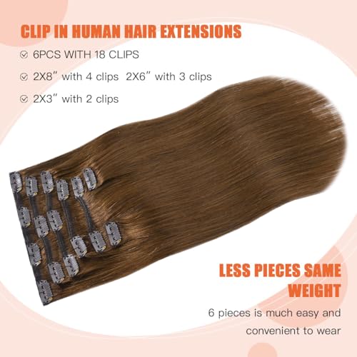 UGOTRAYS Light Brown Hair Extensions Clip in Human Hair 12 Inch 70g 7pcs Remy Hair Silky Straight 16clips One Pack for Women #6 Chestnut Brown Hair Extensions