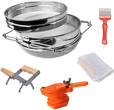 MayBee Double Sieve Honey Harvesting Kit for Beekeepers, Beekeeping Starter Kit Set of 5, Double Sieve Honey Strainer Stainless Steel, Frame Grip, Uncapping Fork, Honey Gate, Honey Filter Bag