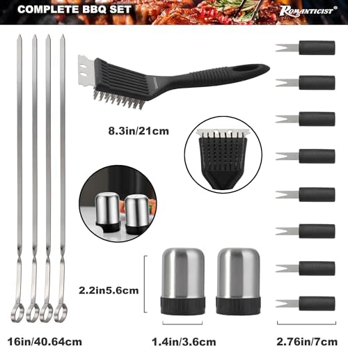 ROMANTICIST 20pc Heavy Duty BBQ Grill Tool Set in Case - The Very Best Grill Gift for Father's Day and Christmas - Professional BBQ Accessories Set for Outdoor Cooking Camping Grilling Smoking, Black