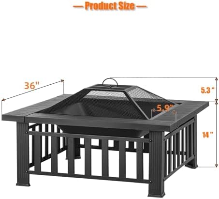 36 inch Fire Pit, Square Outdoor Fire Pit Table with Spark Screen & Fire Poker, 3-in-1 Multipurpose Firepits for Outside, Fireplace for Yard, Garden, Patio