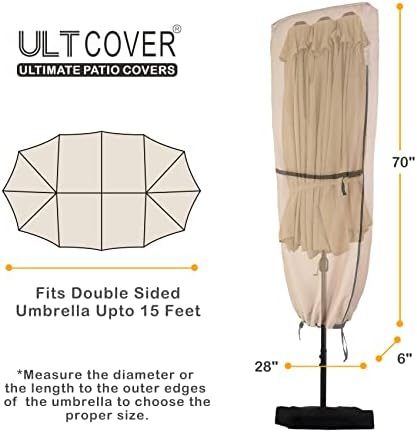 ULTCOVER Patio Parasol 600D Waterproof Outdoor Market Extra Large Umbrella Cover - Fits Double-Sided Umbrella 13-15 Feet