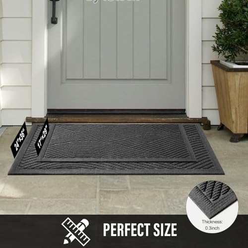 Sturdy Front Door Mat, Absorbent Muddy Dirt Resist Welcome Door Mats Outdoor Indoor, Stain and Fade Resistant, Non-Slip Backing Entry Mat Low Profile Doormat for Entryway, 36×24, Grey