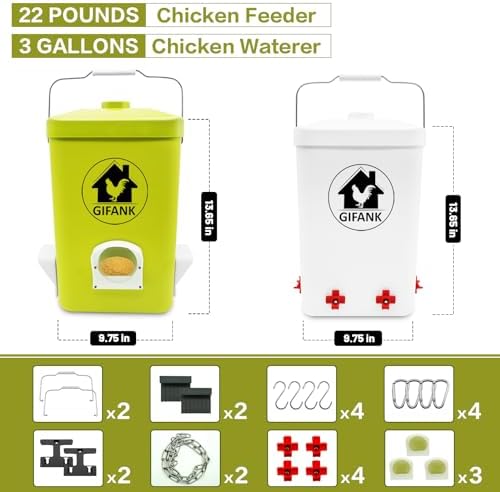 Chicken Feeder and Waterer Set,3 Gallon Automatic Chicken Feeder No Waste,Hanging Poultry Waterer Feeder Kit with Chicken Waterer Nipples and Feeding Ports,Chicken Coop Accessories