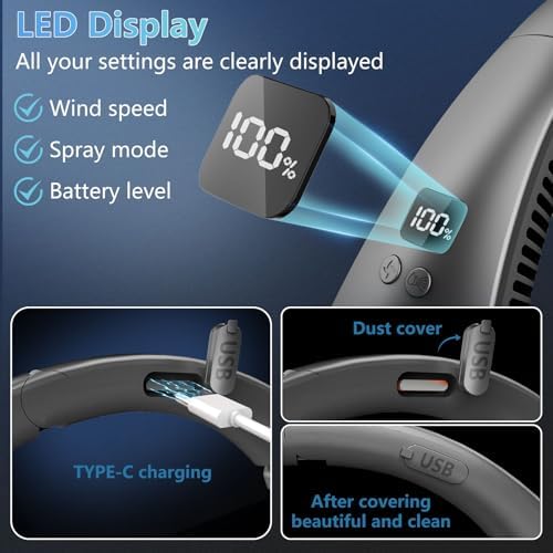 Neck Fan with Mist Spray-Neck Fans that Blow Cold Air,Folding 4000Mah Portable Personal USB Rechargeable Battery Operated Fan with Mister,Cooling Bladeless Travel Misting Fan for Neck Around Black