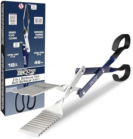 BBQ Croc 3 in 1 Barbecue Tool 18-inch - Lightweight and Long Tongs, Spatula and Grill Scraper (Blue) (18 inch Without Flashlight)
