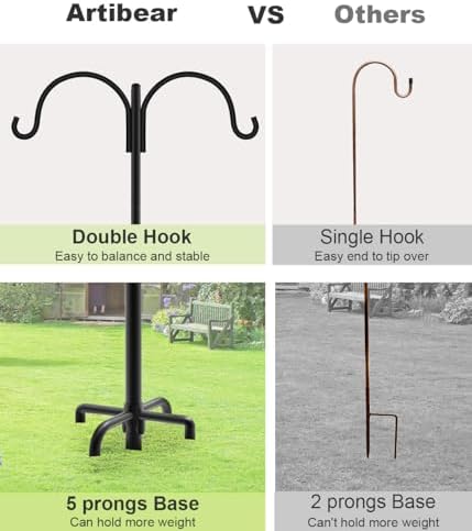 Artibear Double Shepherd Hooks for Outdoor, 92" Heavy Duty Bird Feeder Hangers Garden Hooks with 5-Prong Base, Outside Hanging Pole for Plant Baskets, Solar Light Lanterns, Wind Chimes, 1 Pack