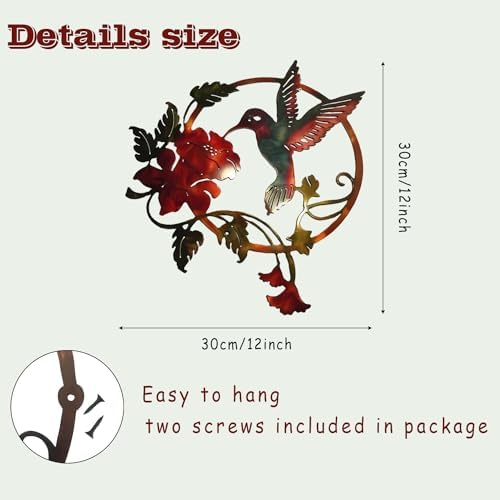 Zoihet Round Metal Bird Wall Art Decor - Hummingbird Wall Art Silhouette for your patio, garden, and fence Art Decor, Bird Wall Silhouette Indoor and Outdoor Hanging (Red)