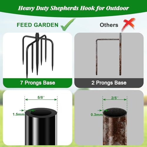 FEED GARDEN [Upgrade Version Adjustable Shepherds Hook Bird Feeder Pole with 7 Prongs Base, 76 Inch Tall Heavy Duty Outdoor Garden Poles for Hanging Bird Feeders, Plant Baskets, Black (1 Pack)