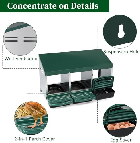 Outvita Chicken Nesting Box, 3 Compartments Chicken Laying Box, Hanging Nesting Box with Egg Saver, Perch Cover for Hen