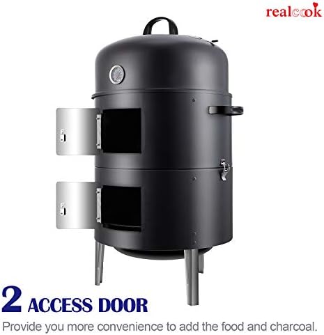 Realcook Vertical 17 Inch Steel Charcoal Smoker, Heavy Duty Round BBQ Grill for Outdoor Cooking, Black