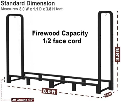 Artibear Firewood Rack Outdoor 8ft Heavy Duty Logs Holder for Indoor Fireplace Metal Wood Pile Storage Stacker Organizer, Matte Black