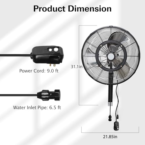 20" Outdoor Misting Wall Fan, 3-Speed High Velocity Industrial Outside Fan, Waterproof Wall Mount Oscillating for Patio Cooling - UL Listed Black